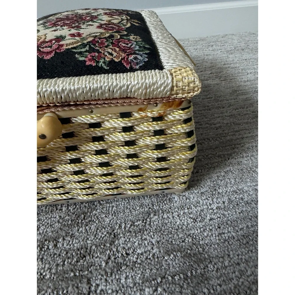 Vintage Wicker Sewing Basket Floral Tapestry Padded Lid Woven Craft Box Gold